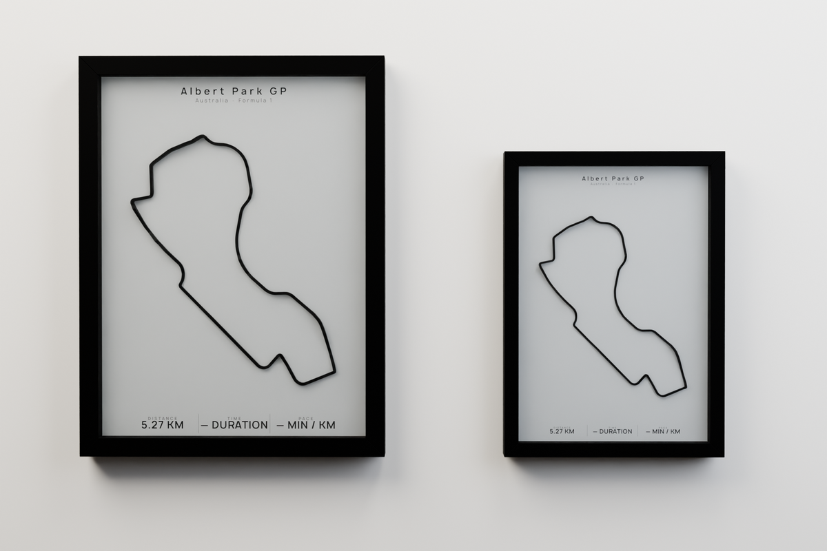 Albert Park GP A3 and A4 framed route poster size comparison in Polar Linen