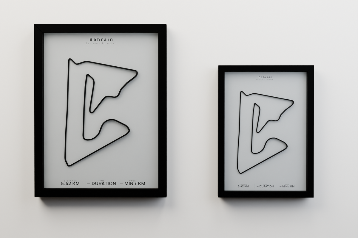Bahrain A3 and A4 framed route poster size comparison in Polar Linen