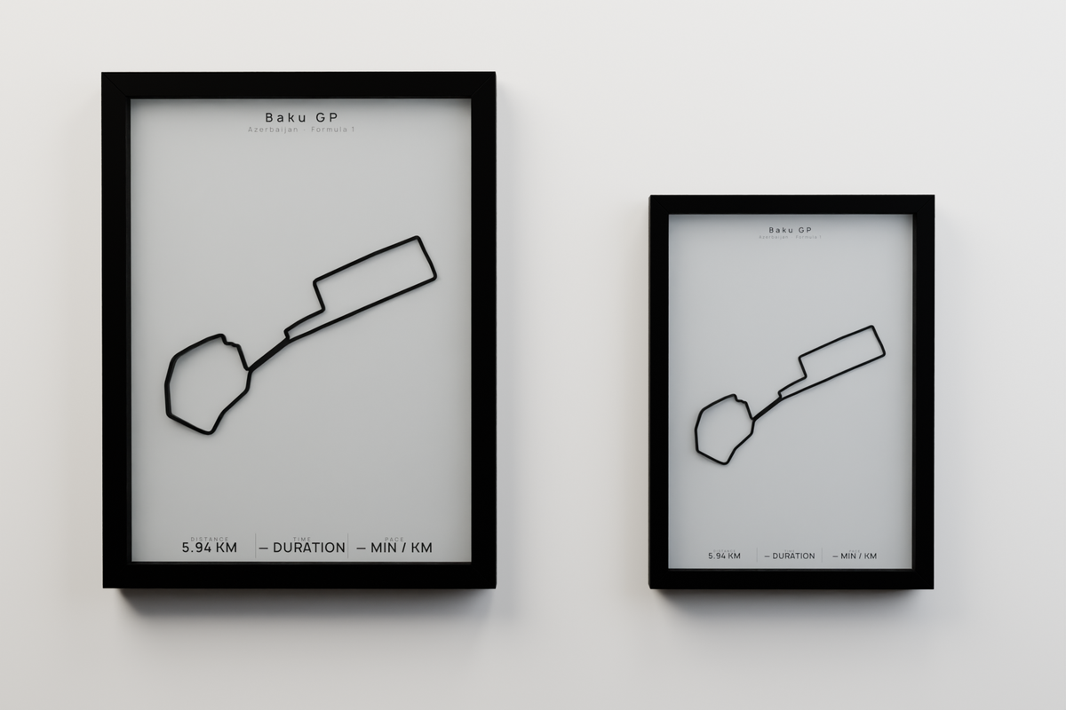 Baku GP A3 and A4 framed route poster size comparison in Polar Linen