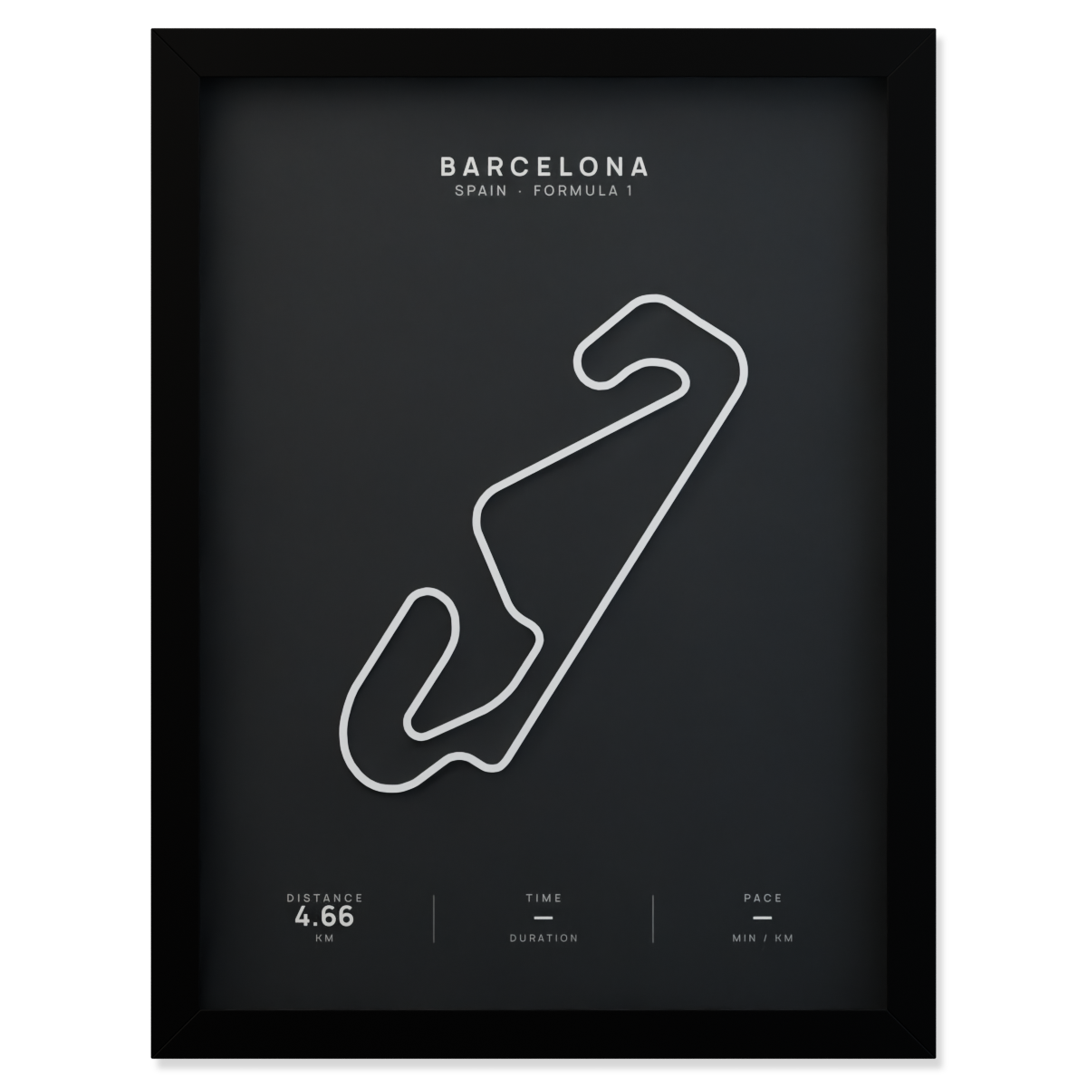 Barcelona Formula 1 circuit route poster in a black frame