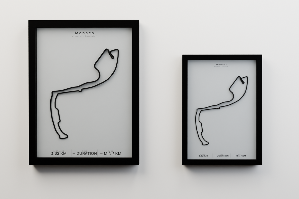 Monaco A3 and A4 framed route poster size comparison in Polar Linen