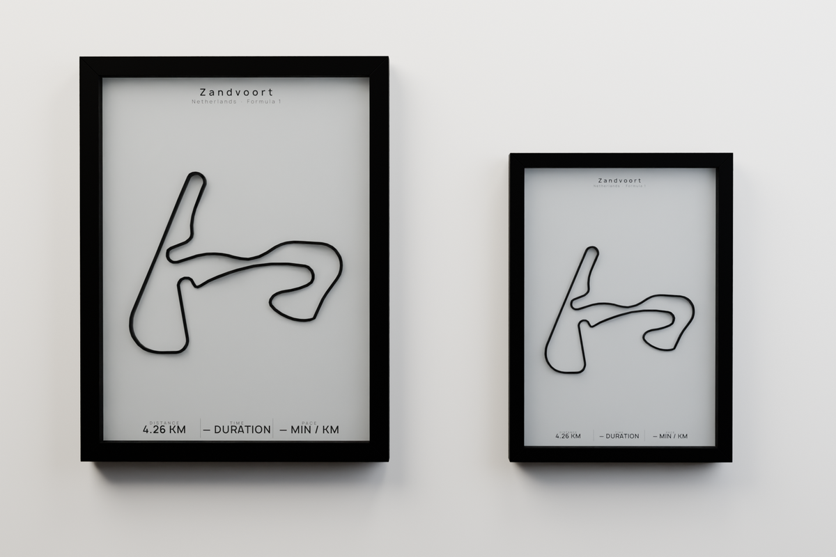 Zandvoort A3 and A4 framed route poster size comparison in Polar Linen