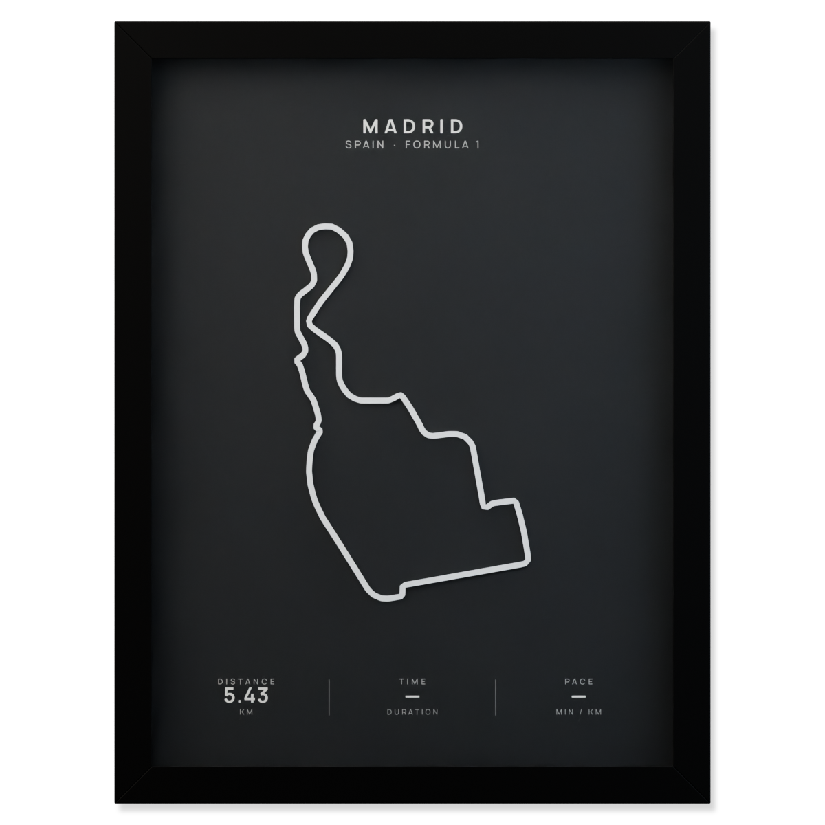 Madrid Formula 1 circuit route poster in a black frame