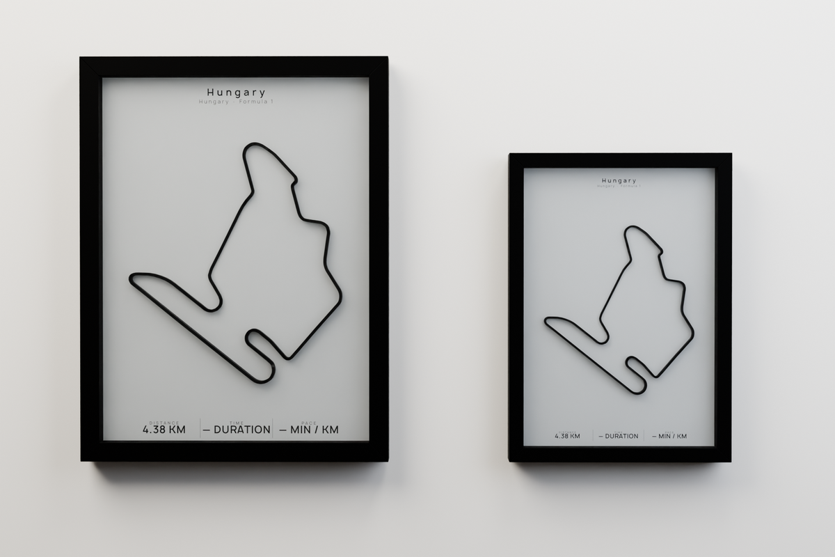 Hungary A3 and A4 framed route poster size comparison in Polar Linen