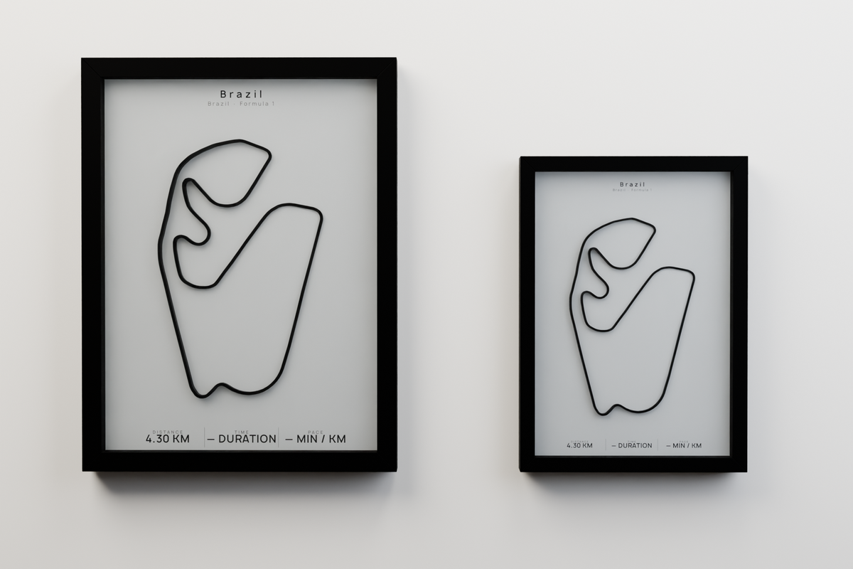 Brazil A3 and A4 framed route poster size comparison in Polar Linen