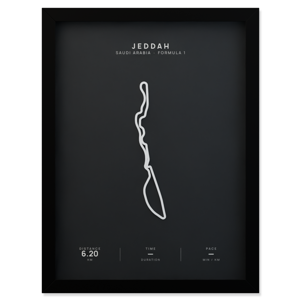 Jeddah Formula 1 circuit route poster in a black frame