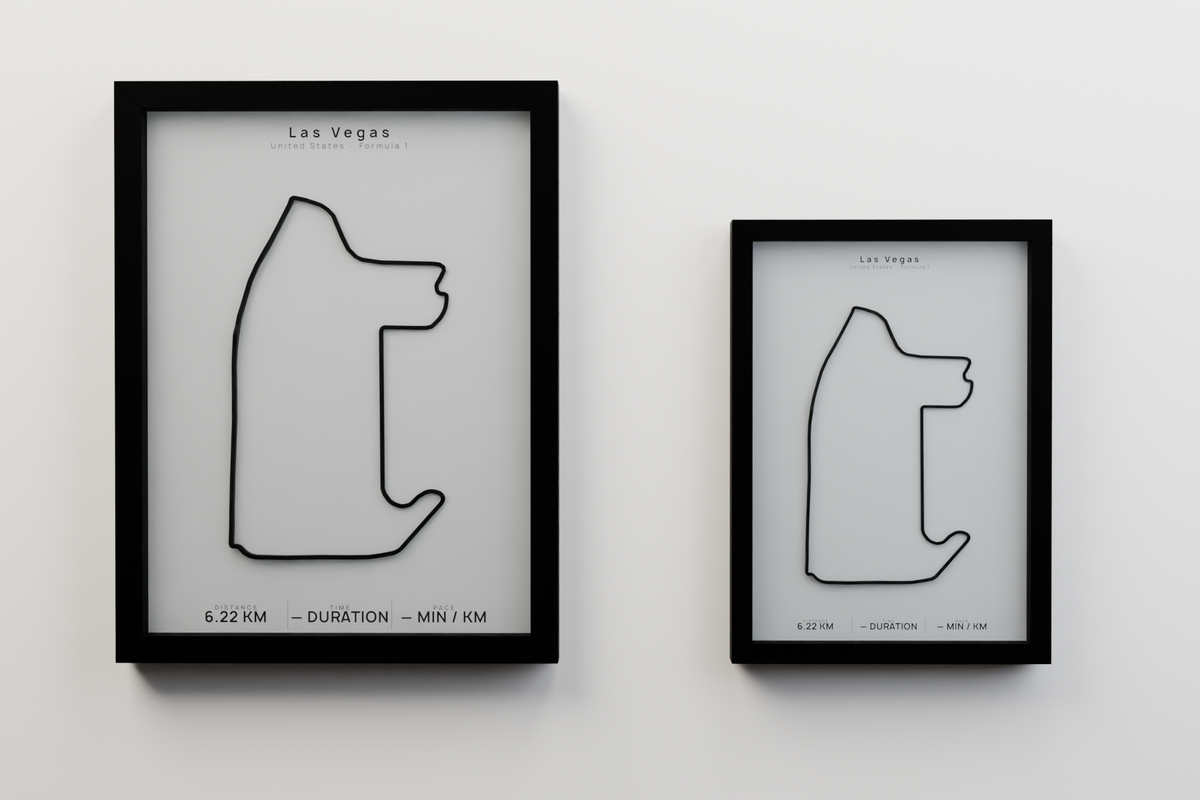 Las Vegas A3 and A4 framed route poster size comparison in Polar Linen