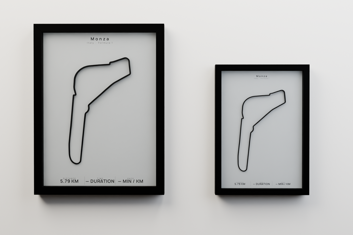 Monza A3 and A4 framed route poster size comparison in Polar Linen