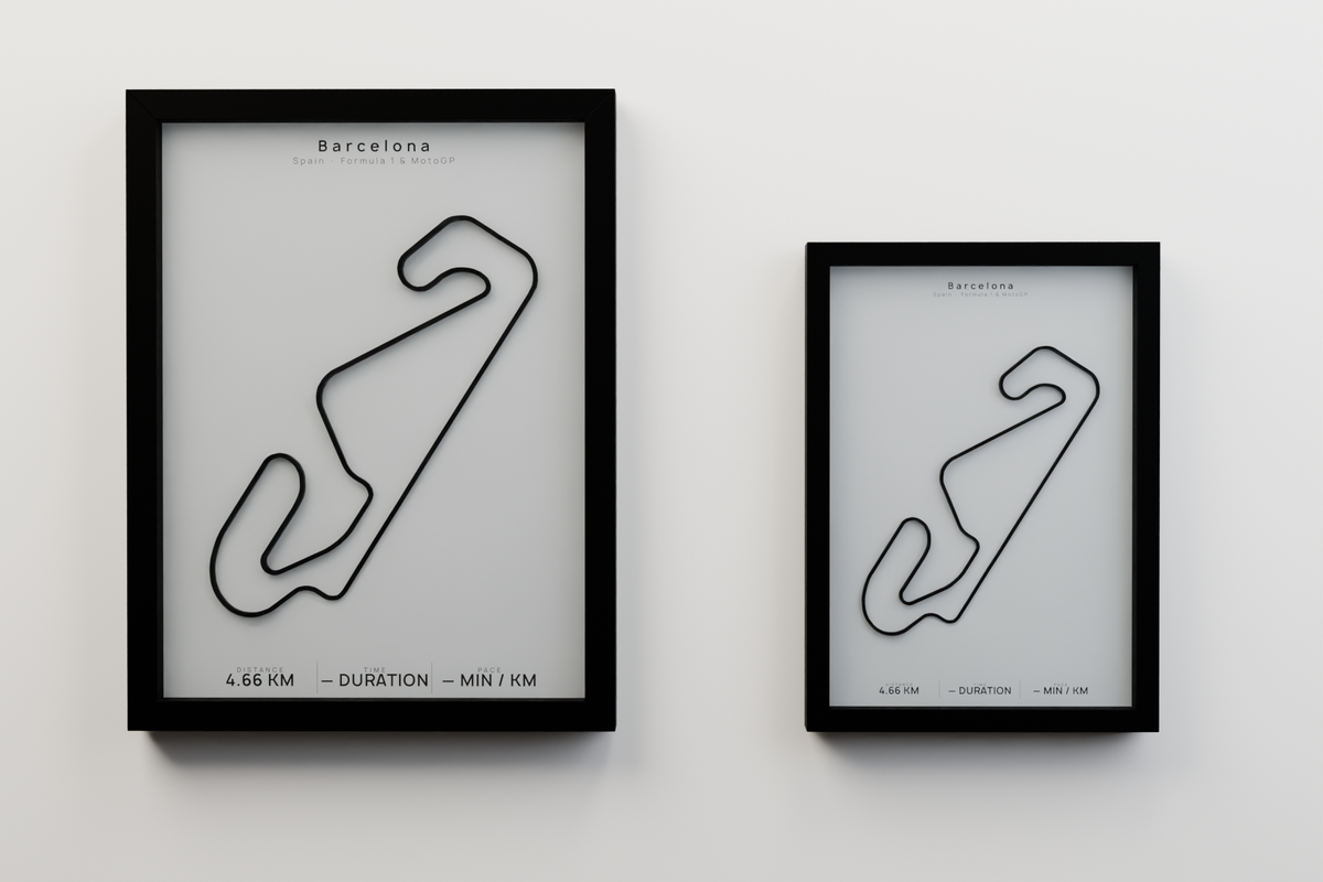 Barcelona A3 and A4 framed route poster size comparison in Polar Linen