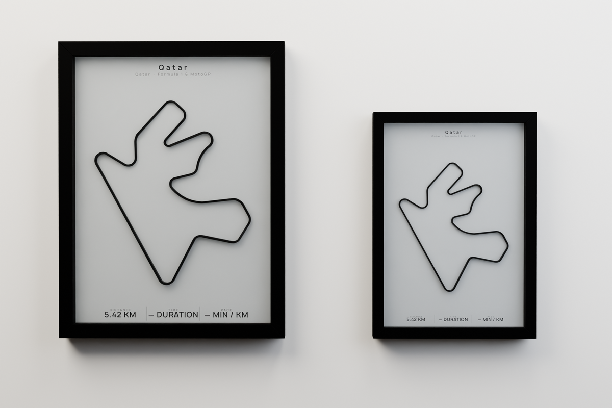 Qatar A3 and A4 framed route poster size comparison in Polar Linen