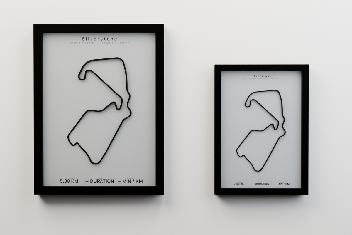 Silverstone A3 and A4 framed route poster size comparison in Polar Linen