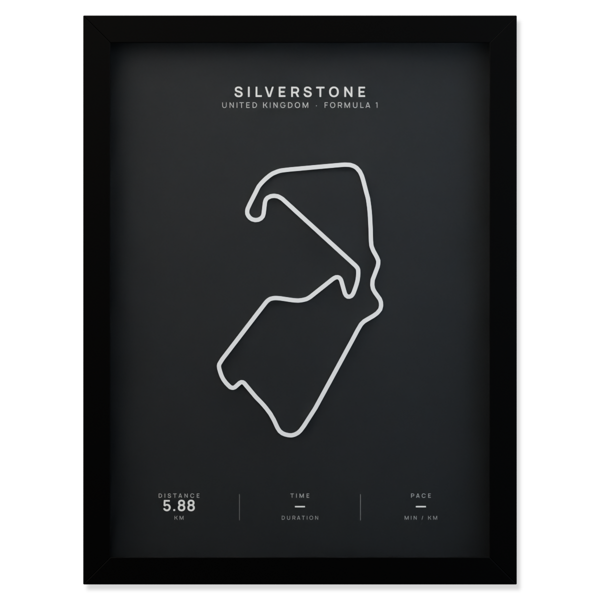 Silverstone Formula 1 circuit route poster in a black frame