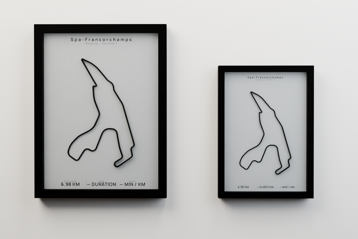 Spa-Francorchamps A3 and A4 framed route poster size comparison in Polar Linen