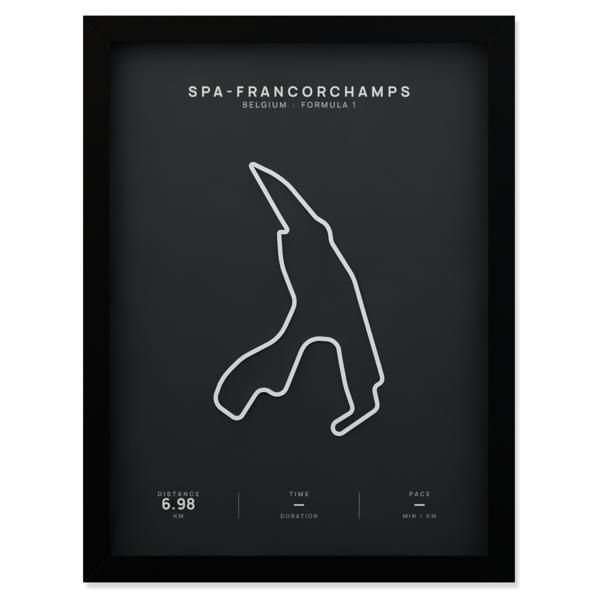 Spa-Francorchamps Formula 1 circuit route poster in a black frame
