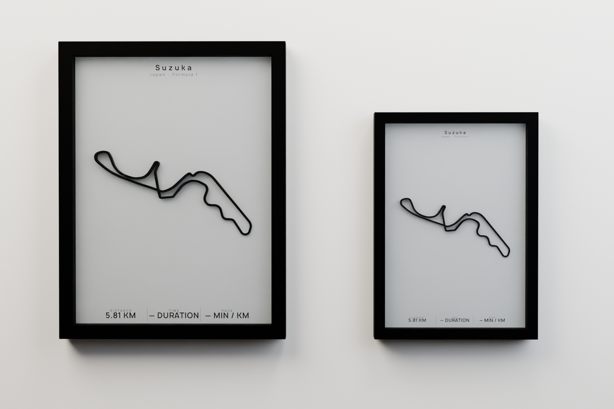 Suzuka A3 and A4 framed route poster size comparison in Polar Linen
