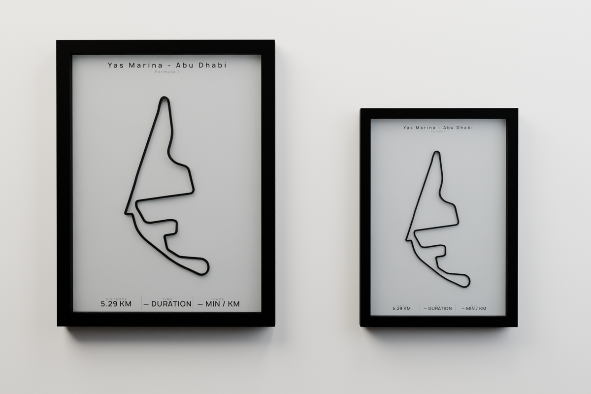Yas Marina - Abu Dhabi A3 and A4 framed route poster size comparison in Polar Linen