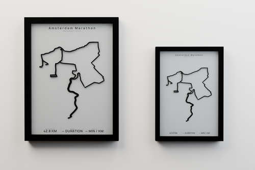 Amsterdam Marathon A3 and A4 framed route poster size comparison in Polar Linen