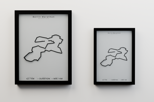 Berlin Marathon A3 and A4 framed route poster size comparison in Polar Linen