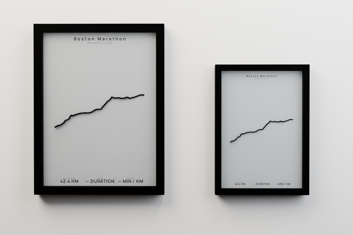 Boston Marathon A3 and A4 framed route poster size comparison in Polar Linen