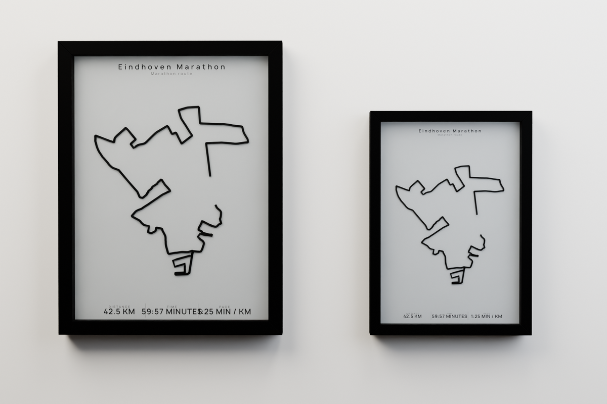Eindhoven Marathon A3 and A4 framed route poster size comparison in Polar Linen
