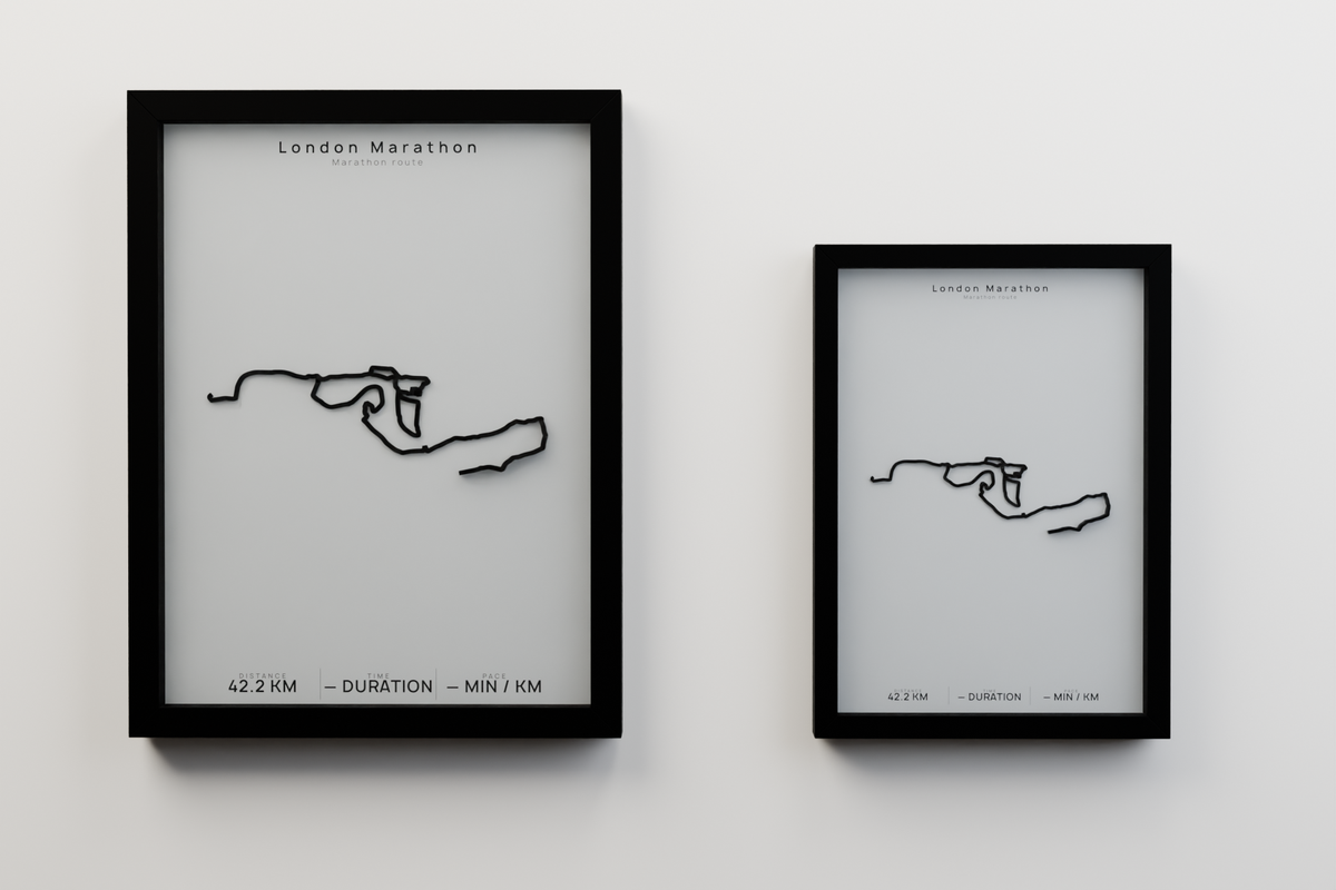 London Marathon A3 and A4 framed route poster size comparison in Polar Linen