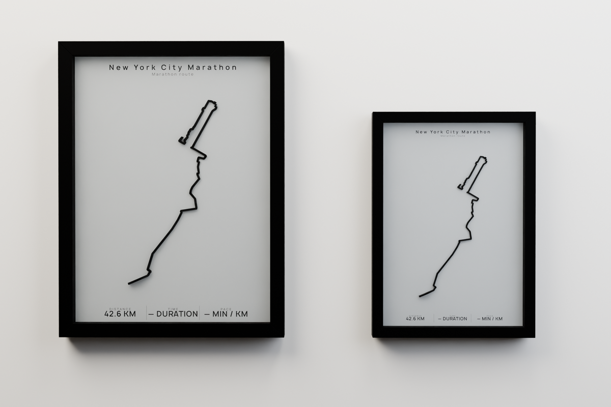New York City Marathon A3 and A4 framed route poster size comparison in Polar Linen