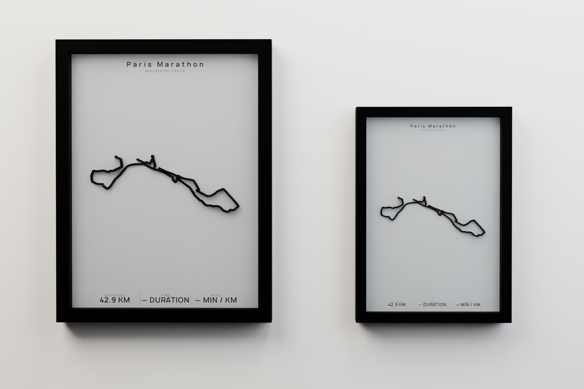 Paris Marathon A3 and A4 framed route poster size comparison in Polar Linen