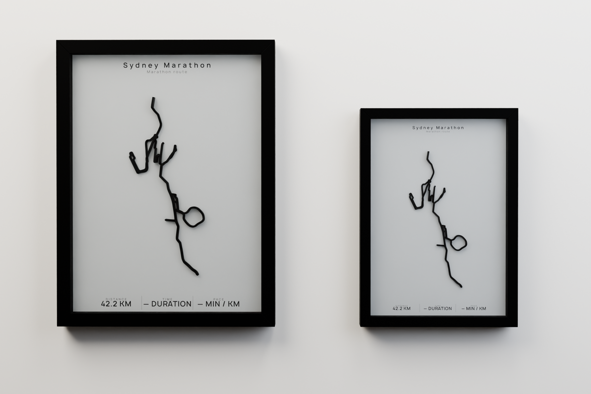 Sydney Marathon A3 and A4 framed route poster size comparison in Polar Linen