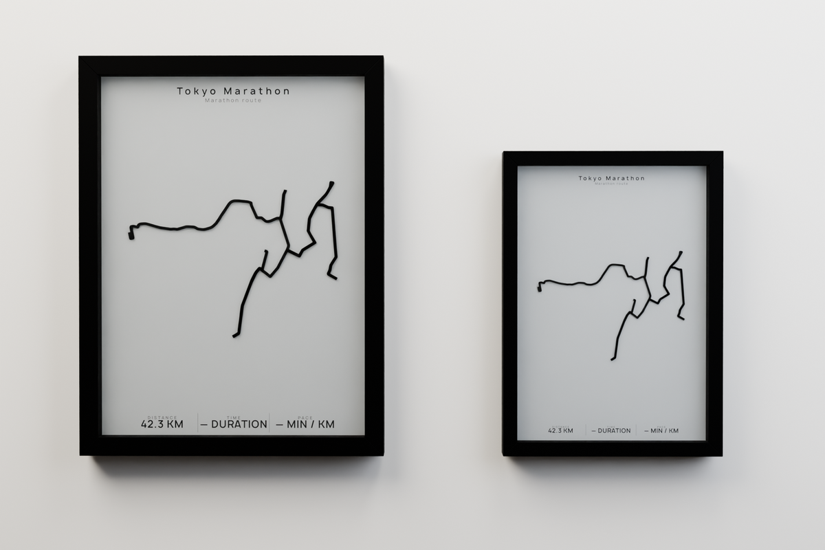 Tokyo Marathon A3 and A4 framed route poster size comparison in Polar Linen