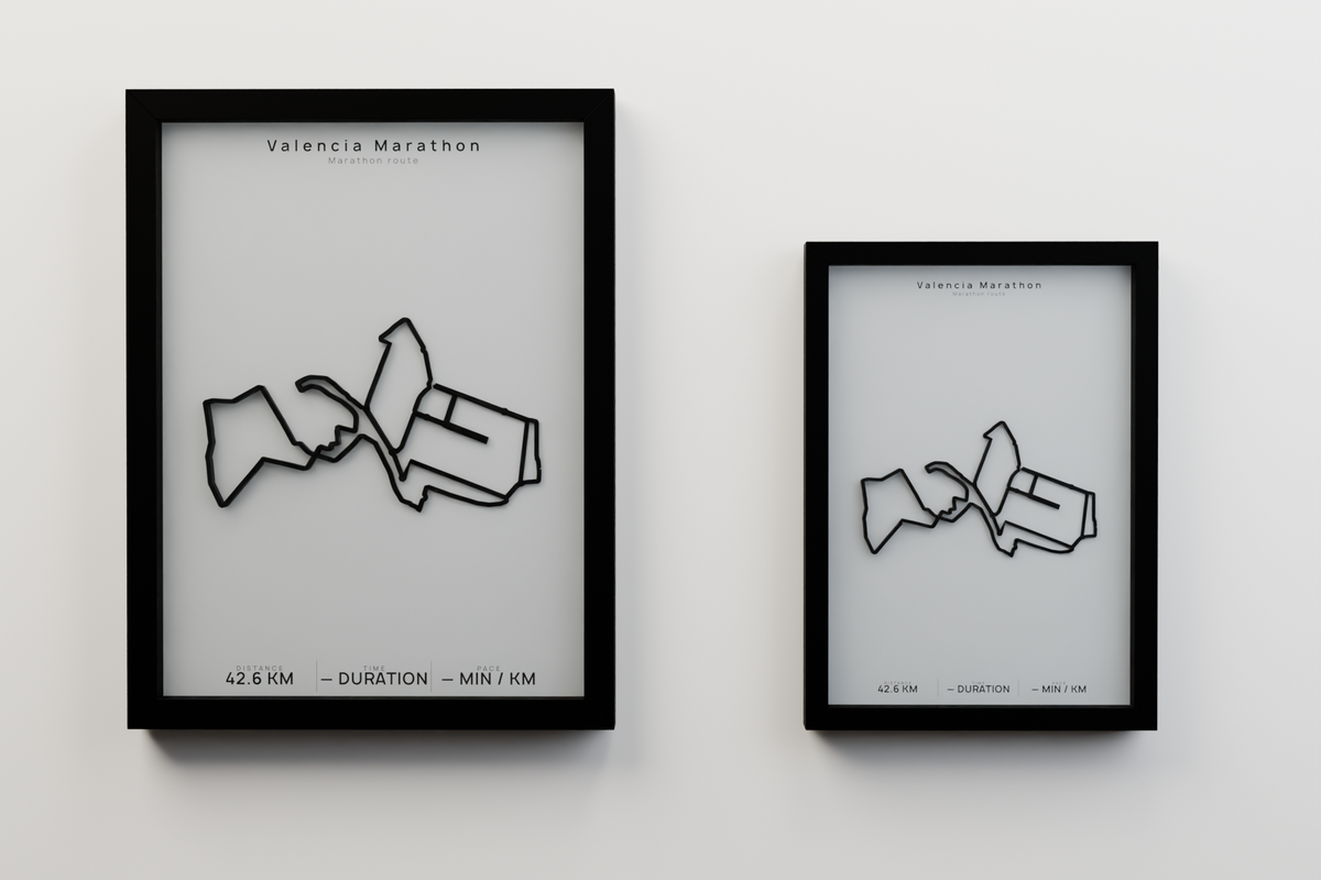 Valencia Marathon A3 and A4 framed route poster size comparison in Polar Linen
