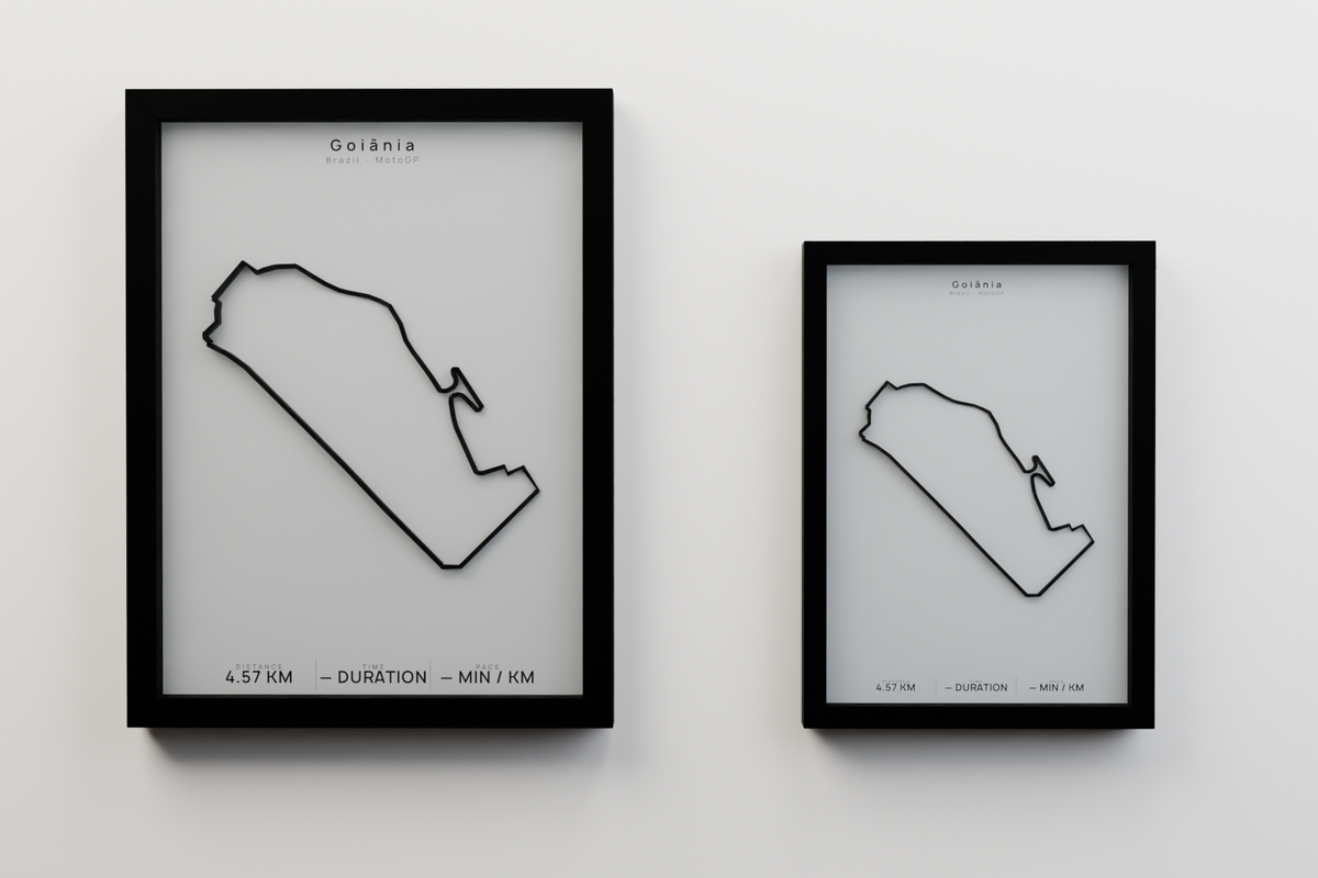 Goiânia A3 and A4 framed route poster size comparison in Polar Linen