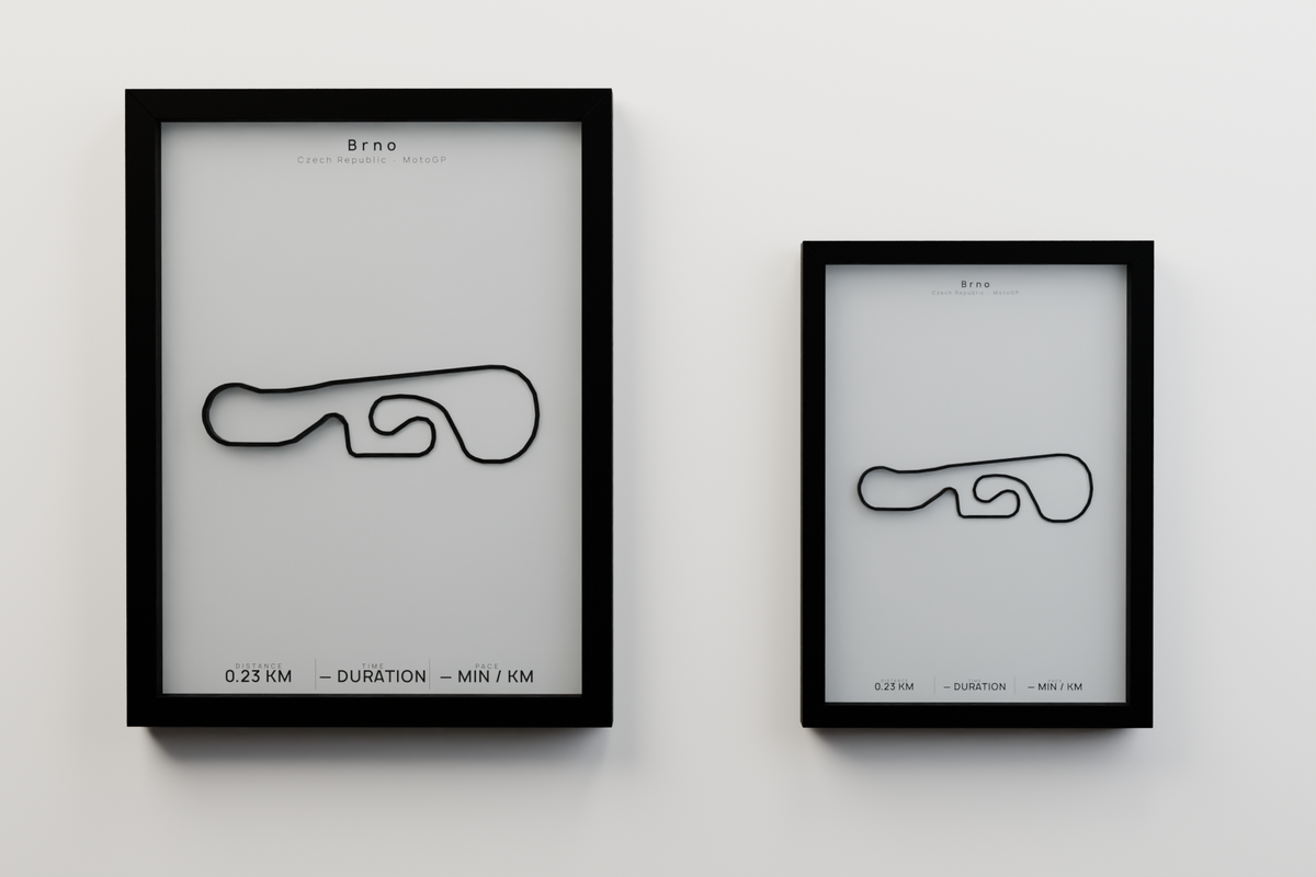 Brno A3 and A4 framed route poster size comparison in Polar Linen