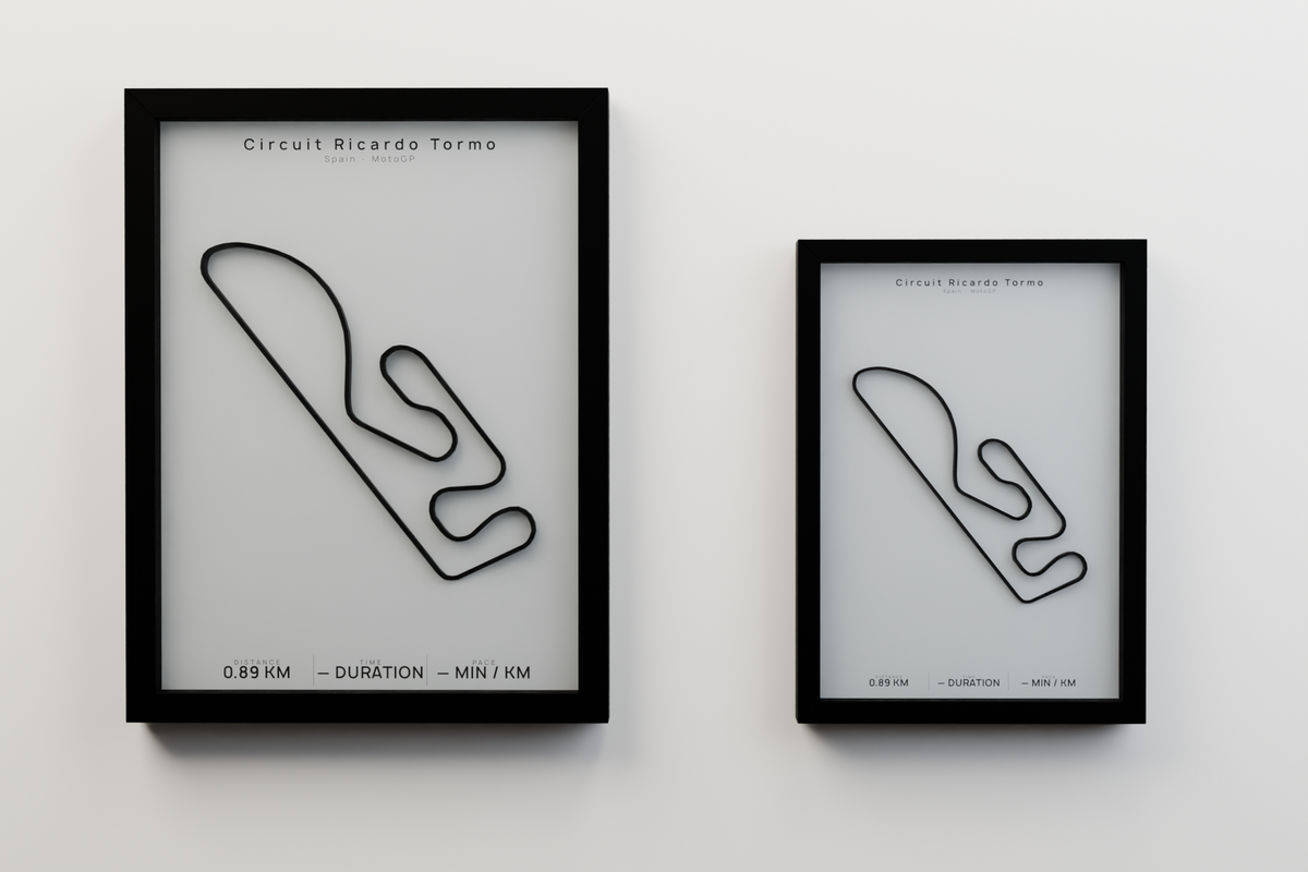 Circuit Ricardo Tormo A3 and A4 framed route poster size comparison in Polar Linen