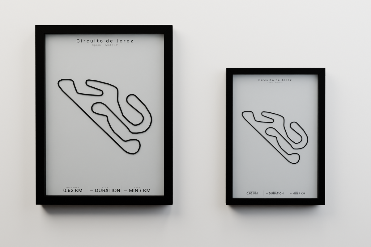 Circuito de Jerez A3 and A4 framed route poster size comparison in Polar Linen