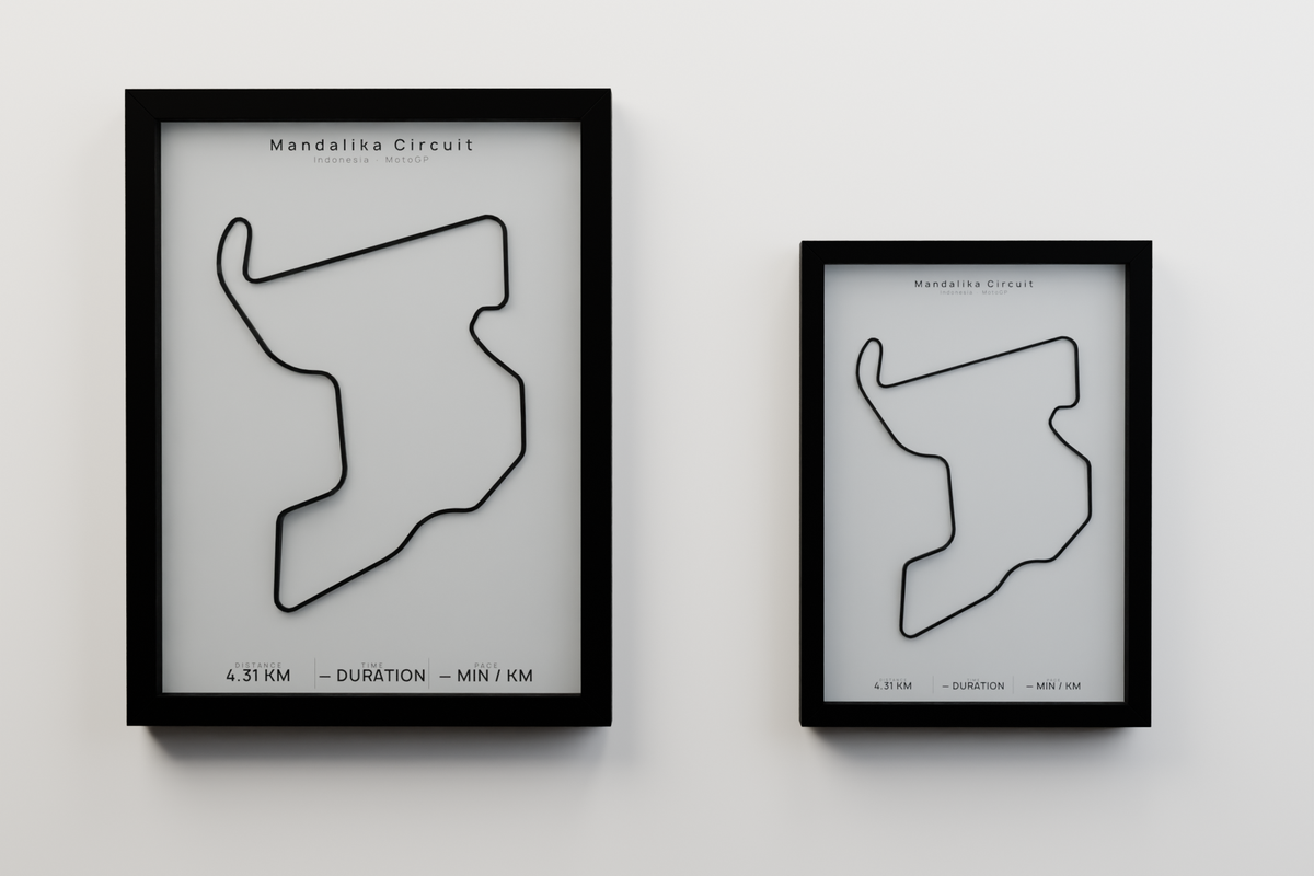 Mandalika Circuit A3 and A4 framed route poster size comparison in Polar Linen