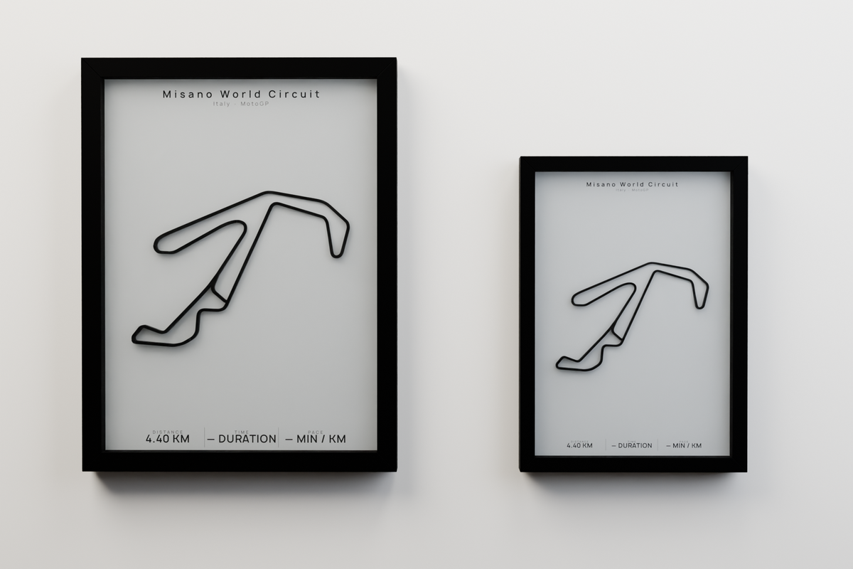 Misano World Circuit A3 and A4 framed route poster size comparison in Polar Linen