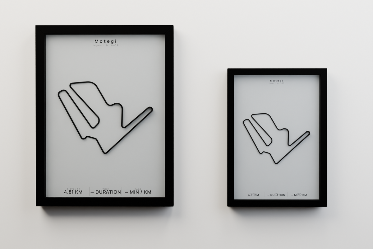 Motegi A3 and A4 framed route poster size comparison in Polar Linen