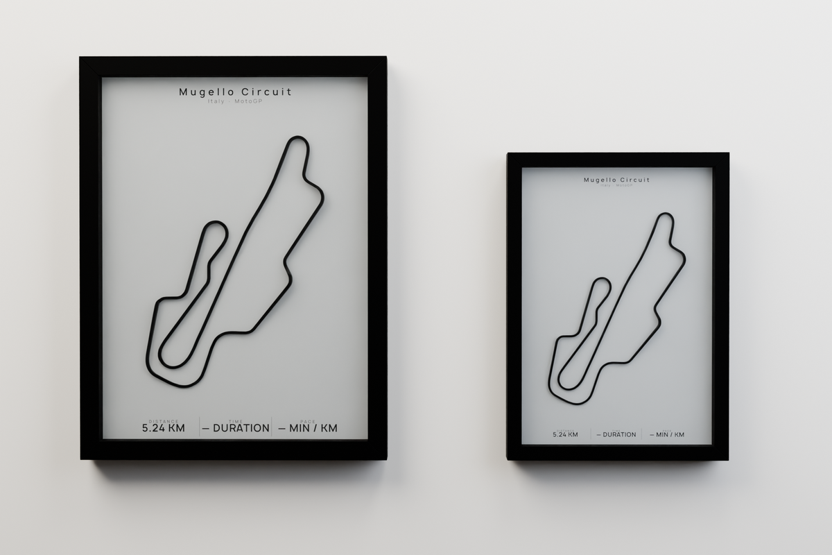 Mugello Circuit A3 and A4 framed route poster size comparison in Polar Linen
