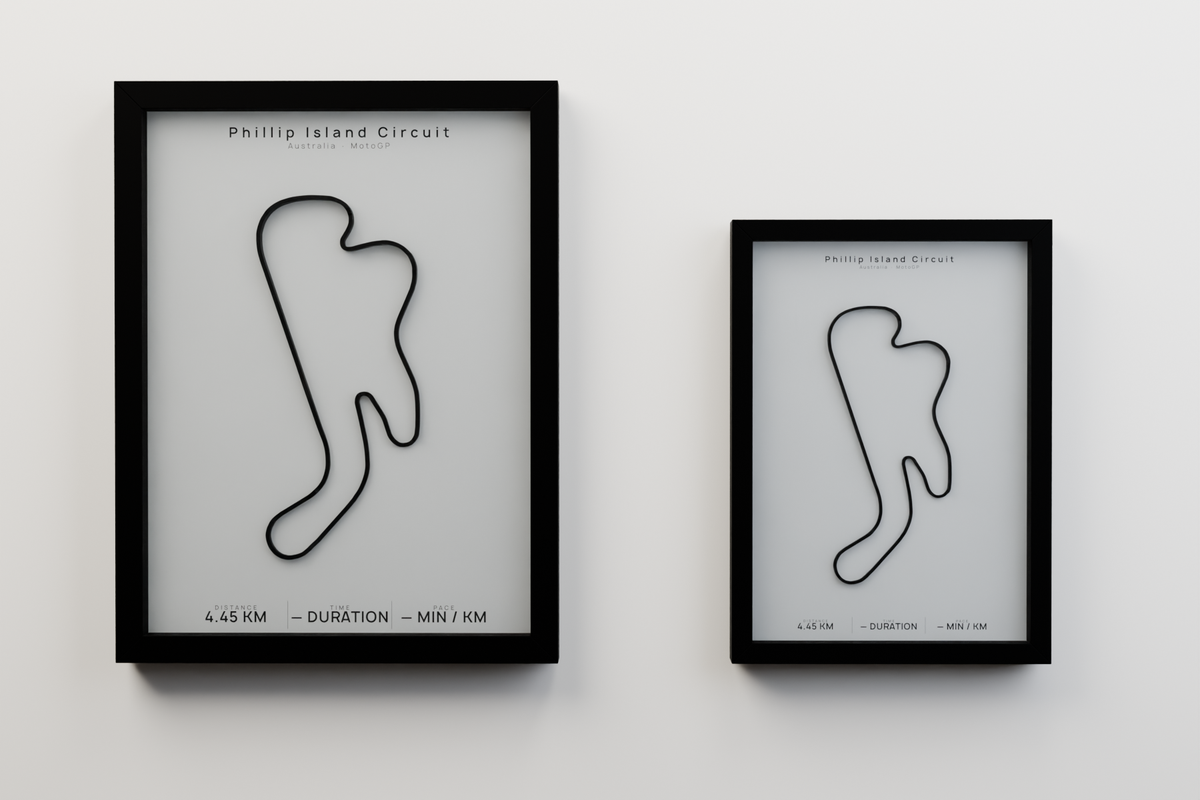 Phillip Island Circuit A3 and A4 framed route poster size comparison in Polar Linen