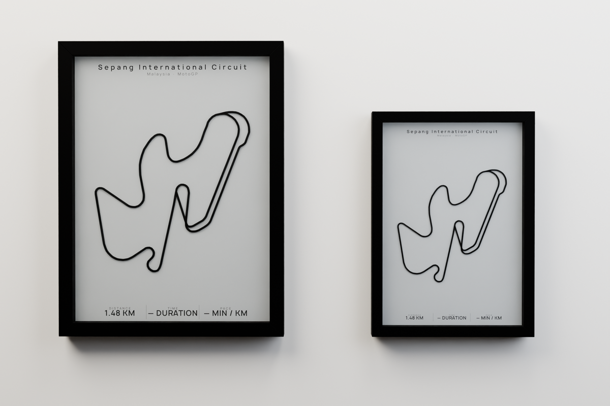 Sepang International Circuit A3 and A4 framed route poster size comparison in Polar Linen