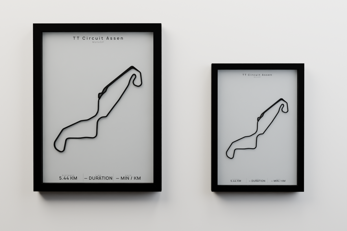 TT Circuit Assen A3 and A4 framed route poster size comparison in Polar Linen