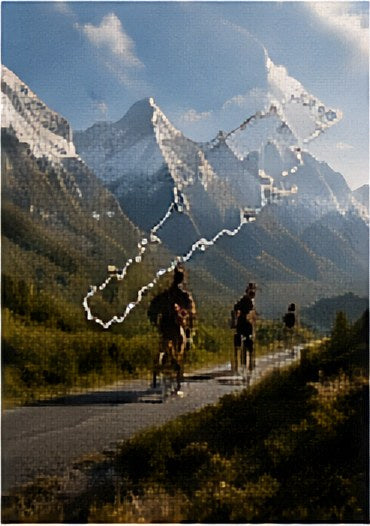 Cyclists on a mountain route represented as dimensional route art