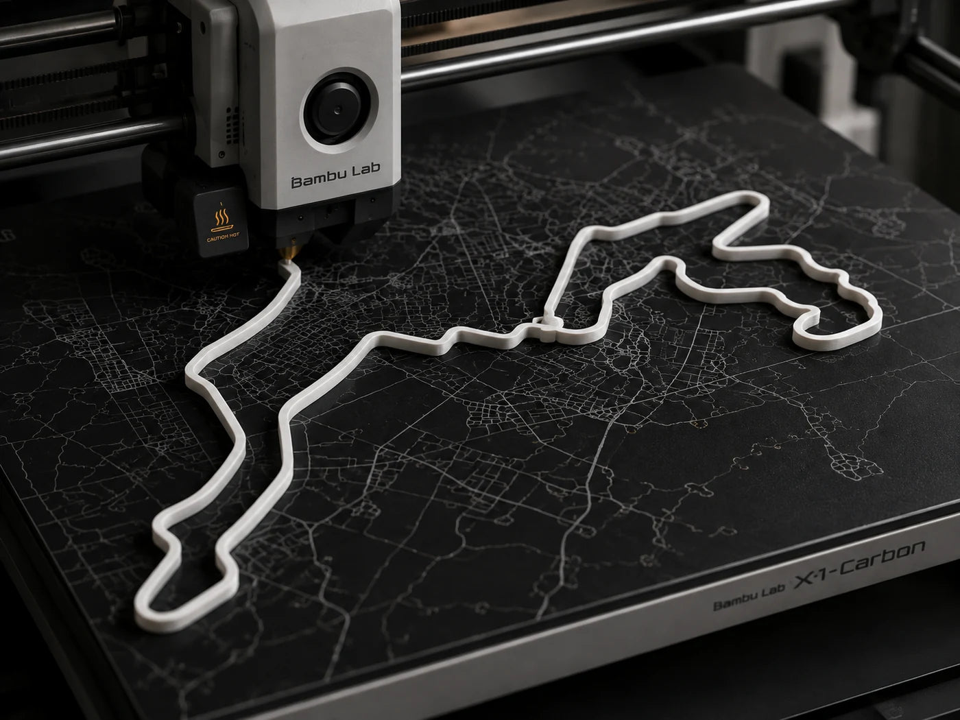 A raised route being 3D printed over detailed map artwork